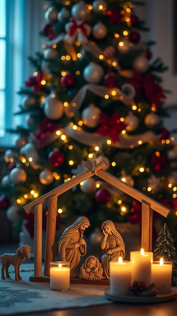A peaceful nativity scene with candlelight and a decorated Christmas tree.